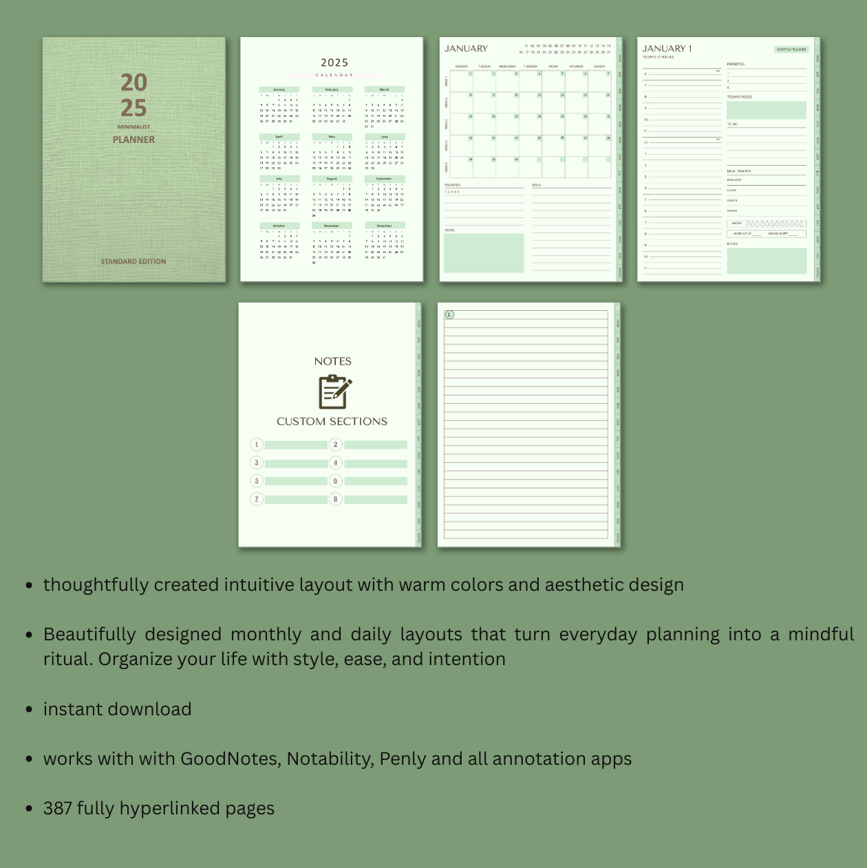 Collection of planner pages on a green background with text about the planner's features.